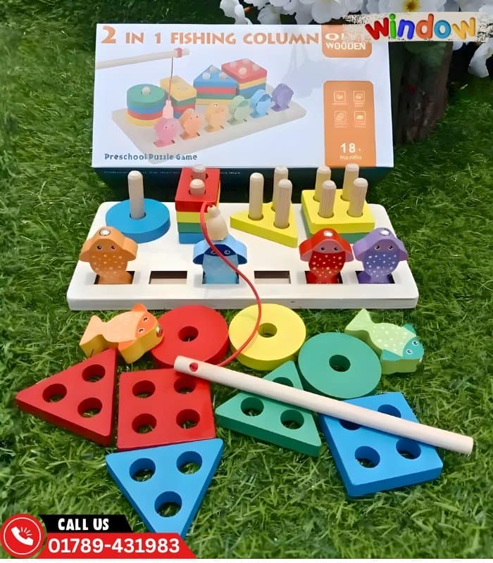 2-in-1 Wooden Fishing & Shape Matching Column Toy
